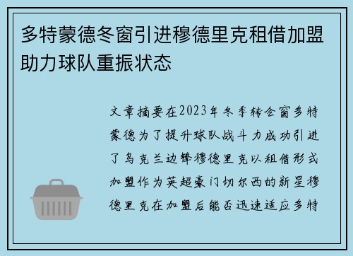 多特蒙德冬窗引进穆德里克租借加盟助力球队重振状态