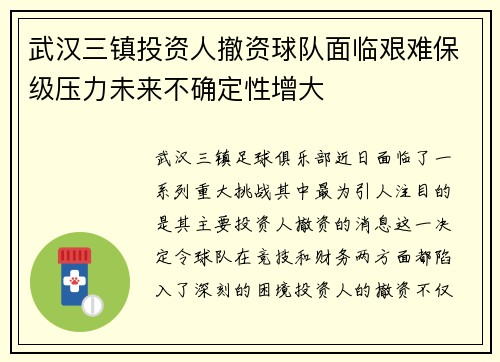 武汉三镇投资人撤资球队面临艰难保级压力未来不确定性增大