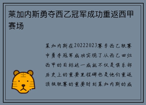 莱加内斯勇夺西乙冠军成功重返西甲赛场